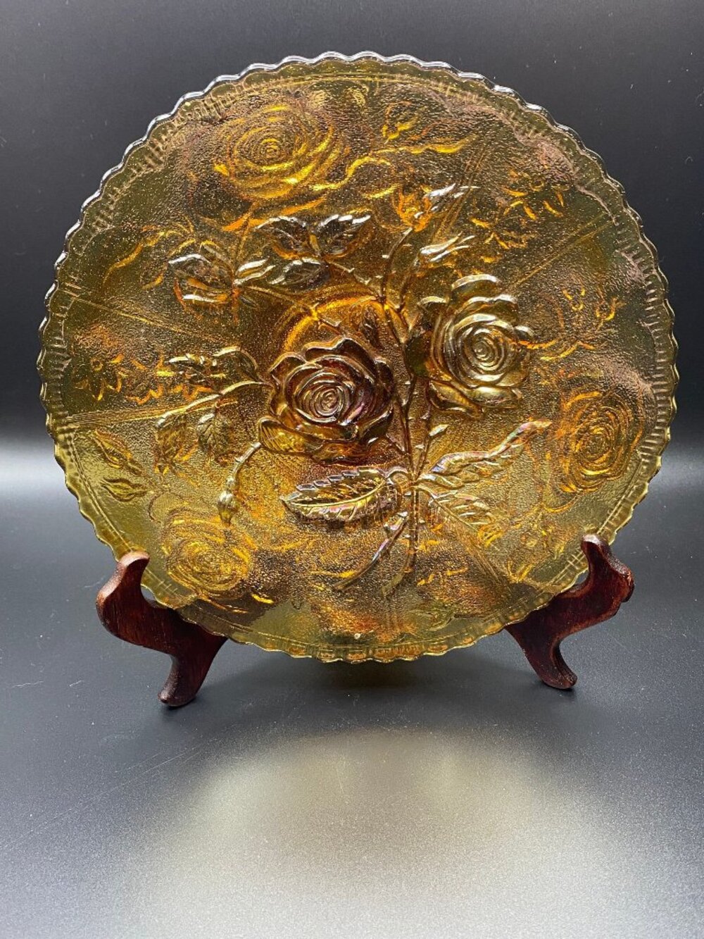 Imperial Glass Rose Pattern Dark Marigold Carnival Console Bowl